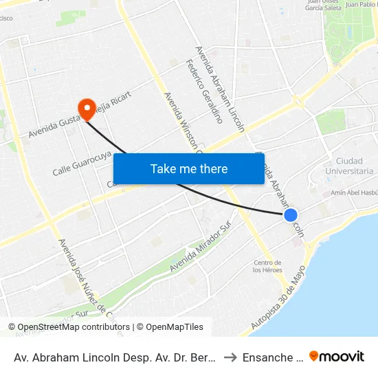 Av. Abraham Lincoln Desp. Av. Dr. Bernardo Correa Y Cidron to Ensanche Piantini map