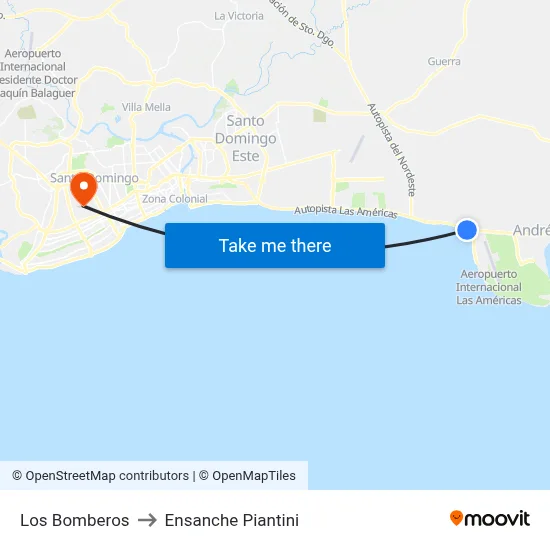 Los Bomberos to Ensanche Piantini map