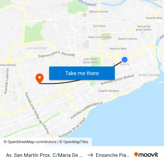 Av. San Martín Prox. C/Maria De Toledo to Ensanche Piantini map