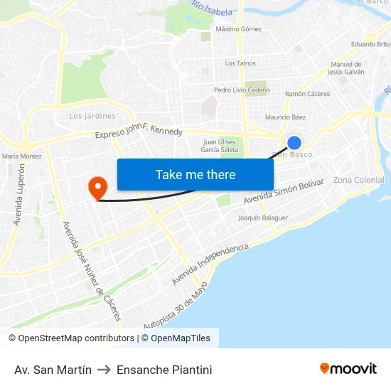 Av. San Martín to Ensanche Piantini map