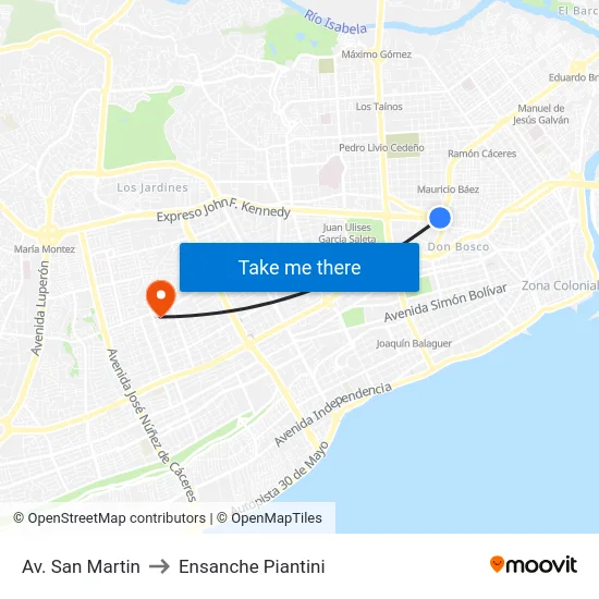 Av. San Martin to Ensanche Piantini map