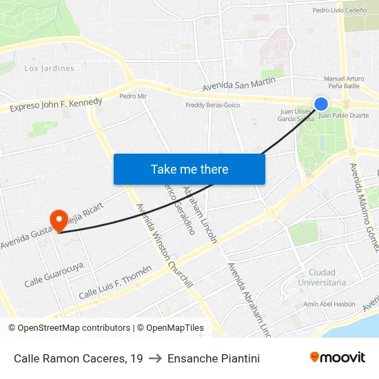 Calle Ramon Caceres, 19 to Ensanche Piantini map