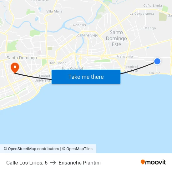 Calle Los Lirios, 6 to Ensanche Piantini map