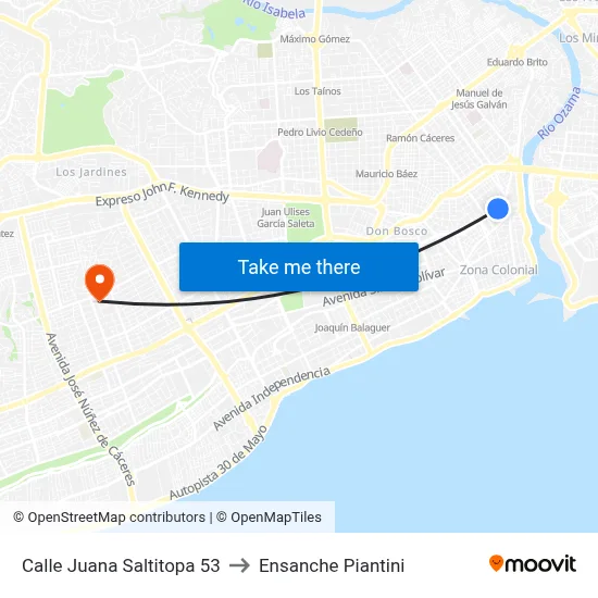 Calle Juana Saltitopa 53 to Ensanche Piantini map