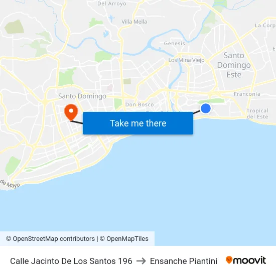 Calle Jacinto De Los Santos 196 to Ensanche Piantini map