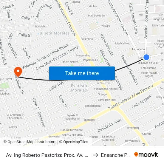 Av. Ing Roberto Pastoriza Prox. Av. Lope De Vega to Ensanche Piantini map