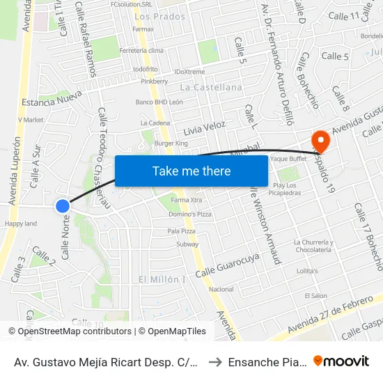 Av. Gustavo Mejía Ricart Desp. C/27 Oeste to Ensanche Piantini map