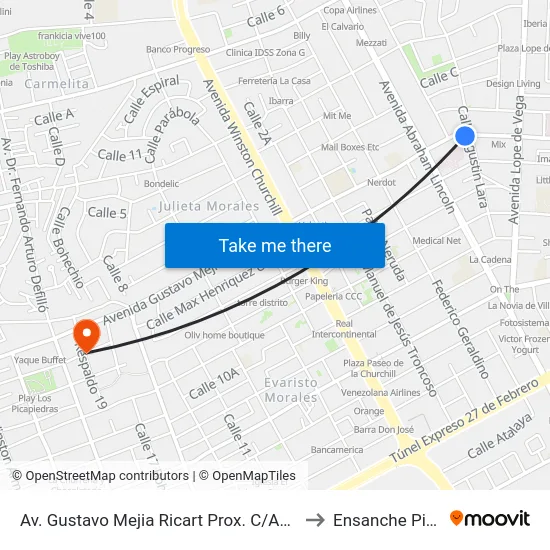 Av. Gustavo Mejia Ricart Prox. C/Agustin Lara to Ensanche Piantini map