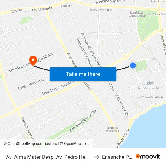 Av. Alma Mater Desp. Av. Pedro Henriquez Ureña to Ensanche Piantini map