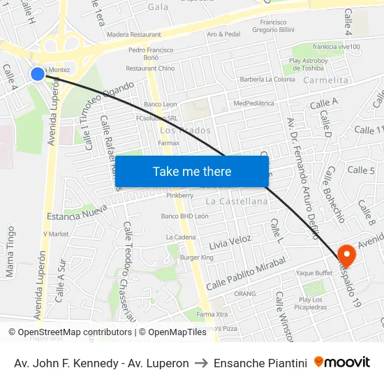 Av. John F. Kennedy - Av. Luperon to Ensanche Piantini map