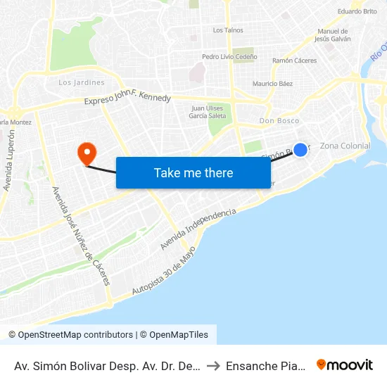 Av. Simón Bolivar Desp. Av. Dr. Delgado to Ensanche Piantini map
