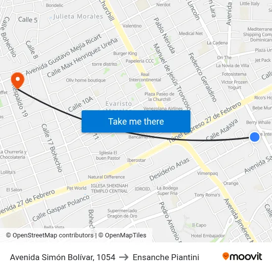 Avenida Simón Bolívar, 1054 to Ensanche Piantini map