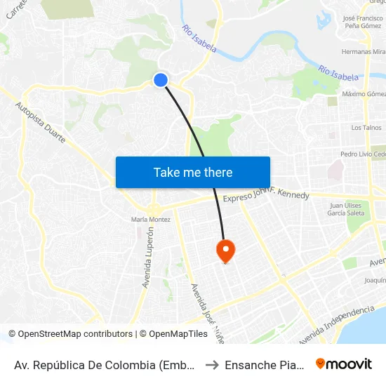 Av. República De Colombia (Embajada) to Ensanche Piantini map