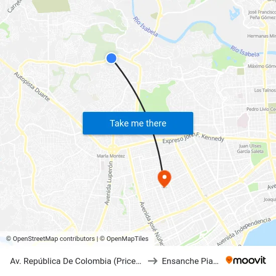 Av. República De Colombia (Pricesmart) to Ensanche Piantini map