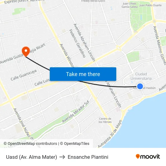 Uasd (Av. Alma Mater) to Ensanche Piantini map
