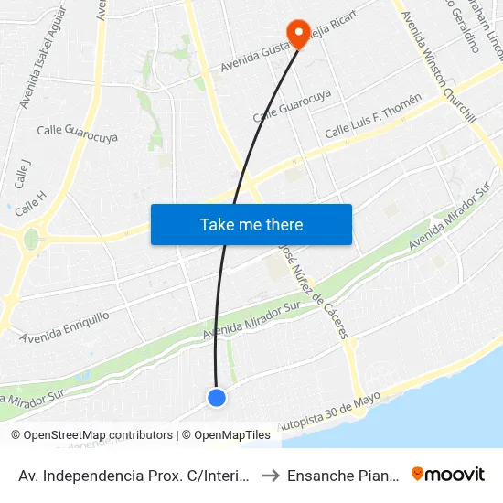 Av. Independencia Prox. C/Interior A to Ensanche Piantini map