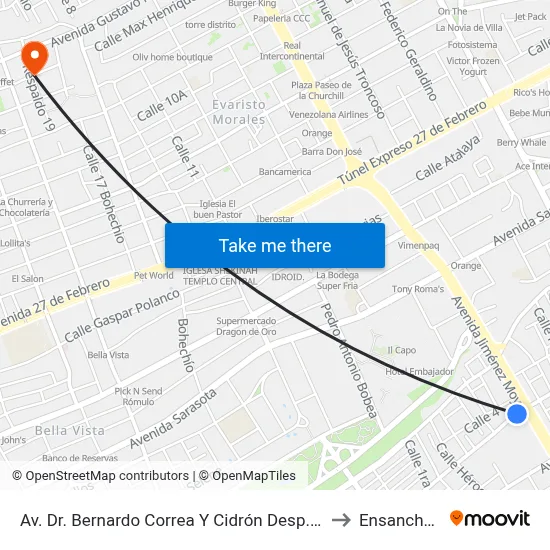 Av. Dr. Bernardo Correa Y Cidrón Desp. Av. Enrique Jimenez Moya to Ensanche Piantini map