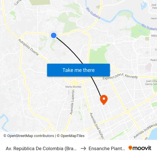 Av. República De Colombia (Bravo) to Ensanche Piantini map