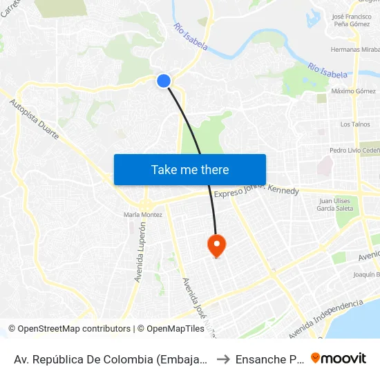 Av. República De Colombia (Embajada Americana) to Ensanche Piantini map
