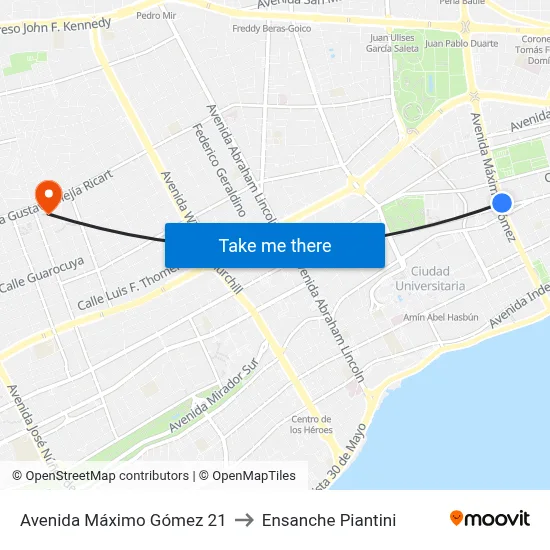 Avenida Máximo Gómez 21 to Ensanche Piantini map