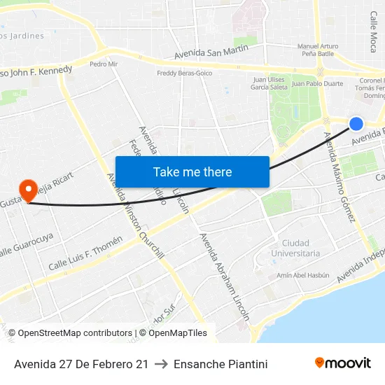 Avenida 27 De Febrero 21 to Ensanche Piantini map