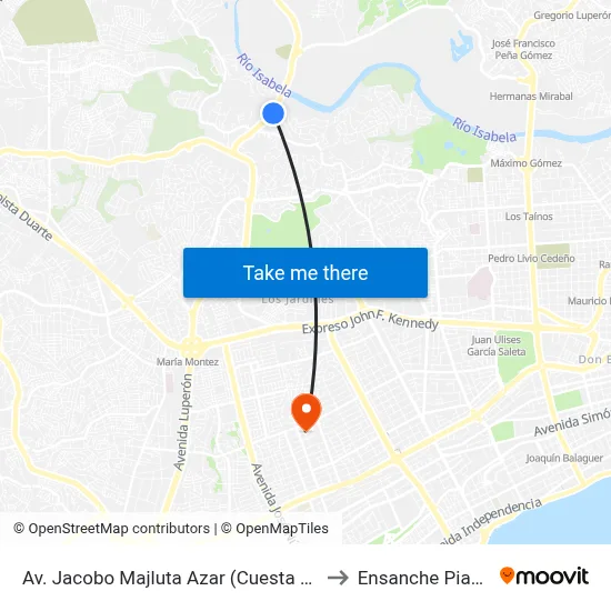 Av. Jacobo Majluta Azar (Cuesta Brava) to Ensanche Piantini map