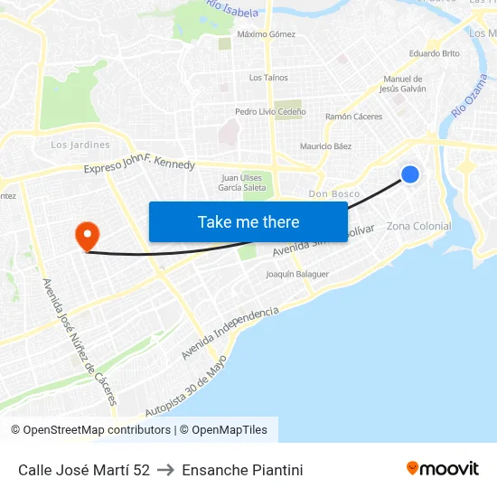 Calle José Martí 52 to Ensanche Piantini map