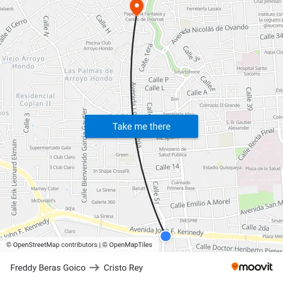 Freddy Beras Goico to Cristo Rey map