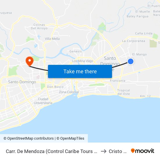 Carr. De Mendoza (Control Caribe Tours Urbano) to Cristo Rey map