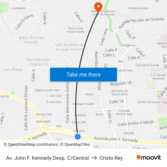 Av. John F. Kennedy Desp. C/Central to Cristo Rey map