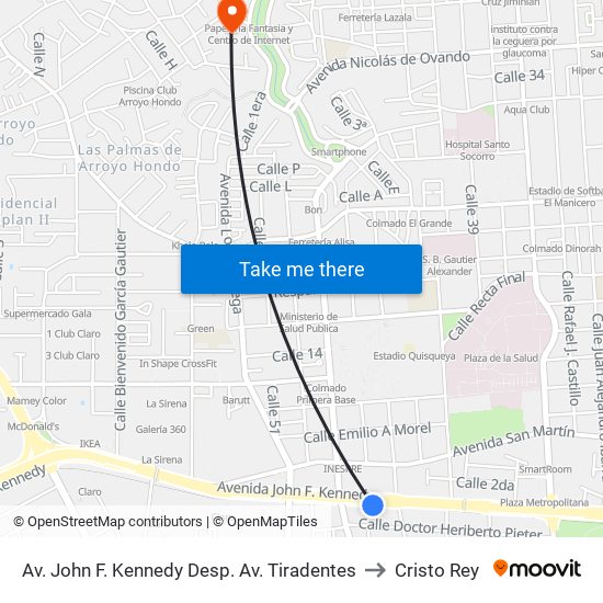 Av. John F. Kennedy Desp. Av. Tiradentes to Cristo Rey map