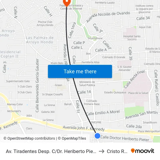 Av. Tiradentes Desp. C/Dr. Heriberto Pieter to Cristo Rey map
