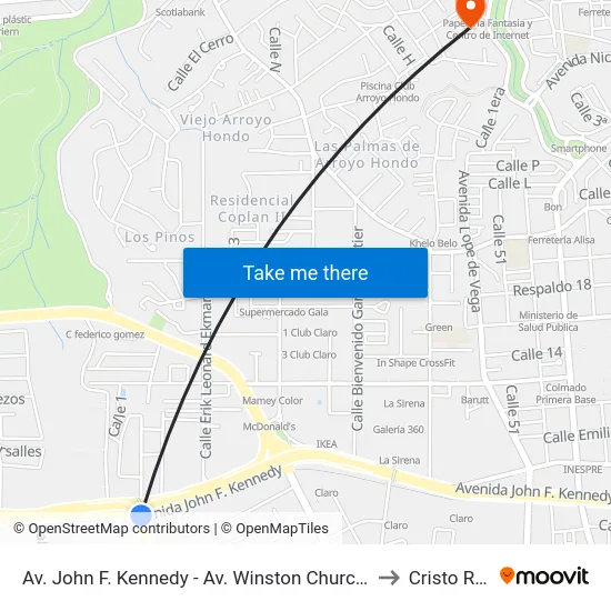 Av. John F. Kennedy - Av. Winston Churchill to Cristo Rey map