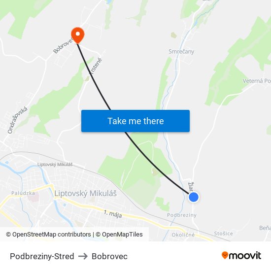 Podbreziny-Stred to Bobrovec map