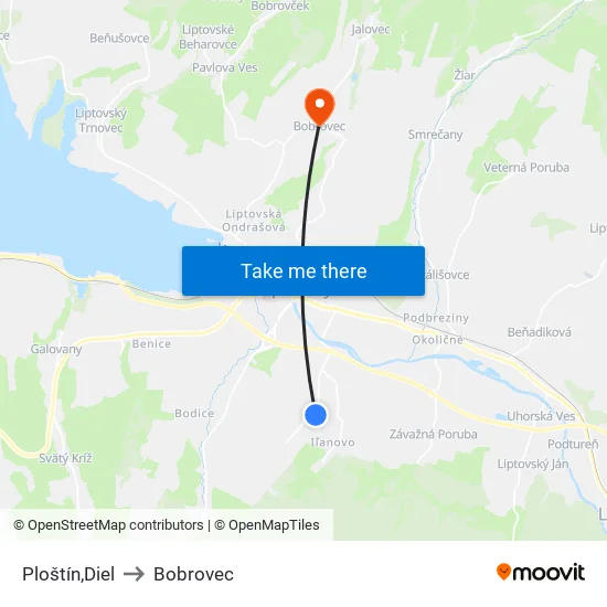 Ploštín,Diel to Bobrovec map
