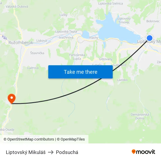 Liptovský Mikuláš to Podsuchá map