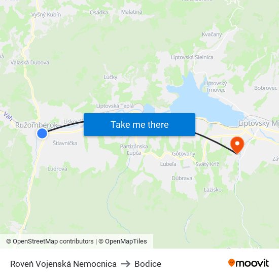 Roveň Vojenská Nemocnica to Bodice map