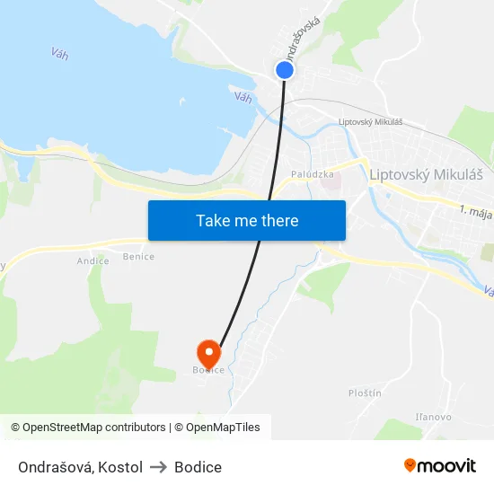 Ondrašová, Kostol to Bodice map