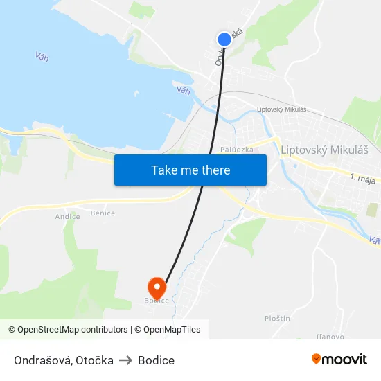 Ondrašová, Otočka to Bodice map