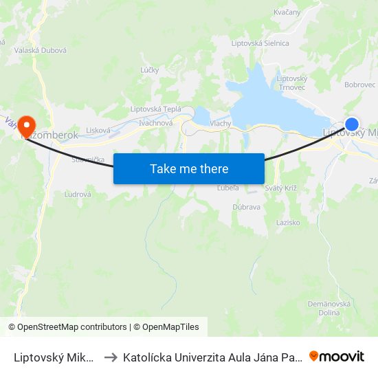 Liptovský Mikuláš to Katolícka Univerzita Aula Jána Pavla Ii. map