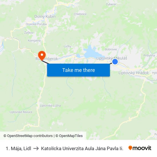 1. Mája, Lidl to Katolícka Univerzita Aula Jána Pavla Ii. map