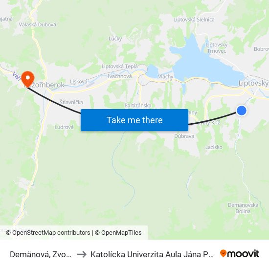 Demänová, Zvonica to Katolícka Univerzita Aula Jána Pavla Ii. map