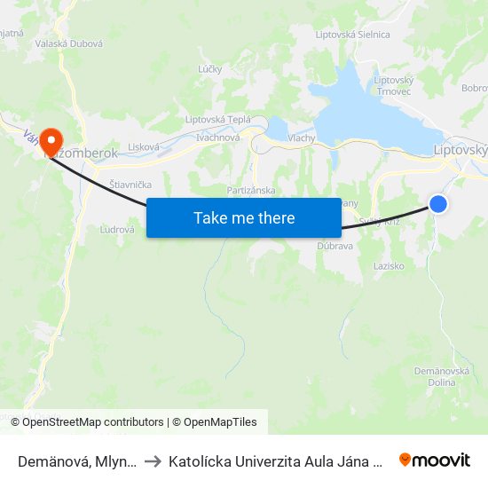 Demänová, Mlynisko to Katolícka Univerzita Aula Jána Pavla Ii. map