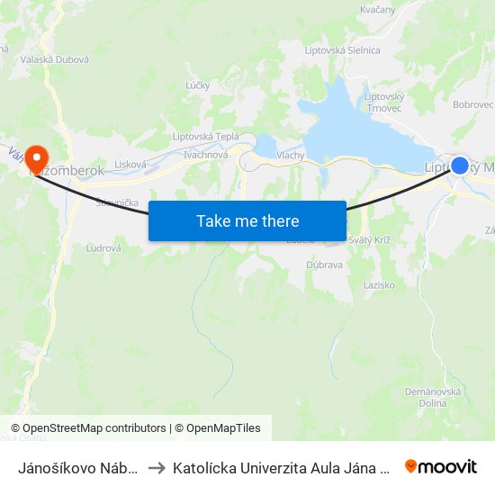 Jánošíkovo Nábrežie to Katolícka Univerzita Aula Jána Pavla Ii. map