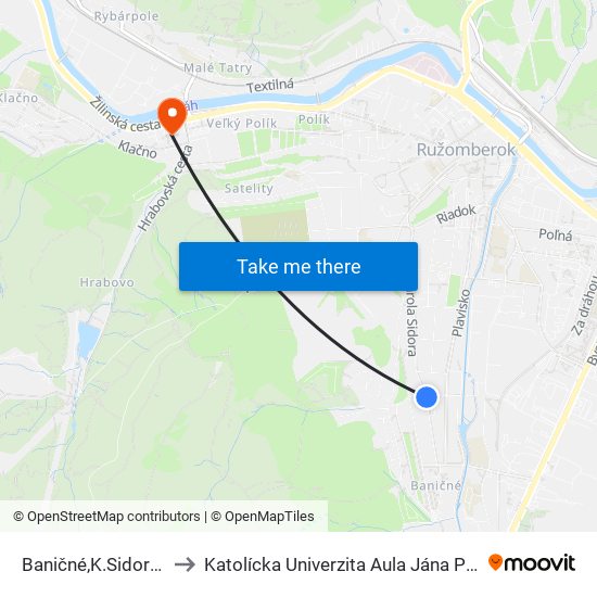 Baničné,K.Sidora 69 to Katolícka Univerzita Aula Jána Pavla Ii. map