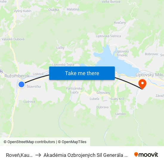 Roveň,Kaufland to Akadémia Ozbrojených Síl Generála M.R. Štefánika map