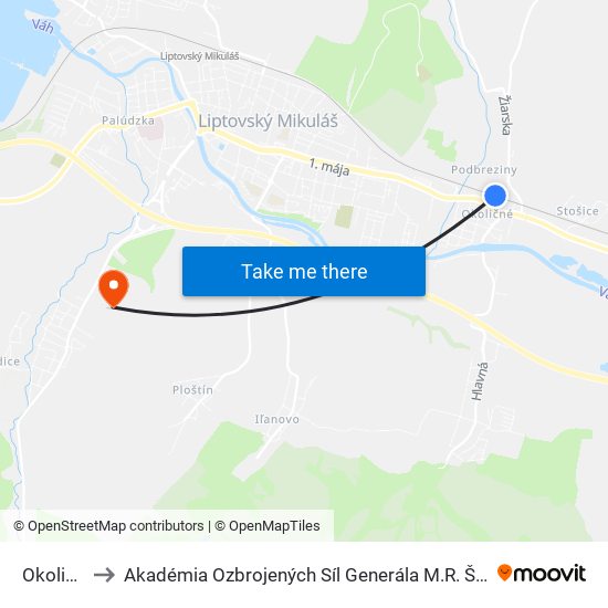 Okoličné to Akadémia Ozbrojených Síl Generála M.R. Štefánika map