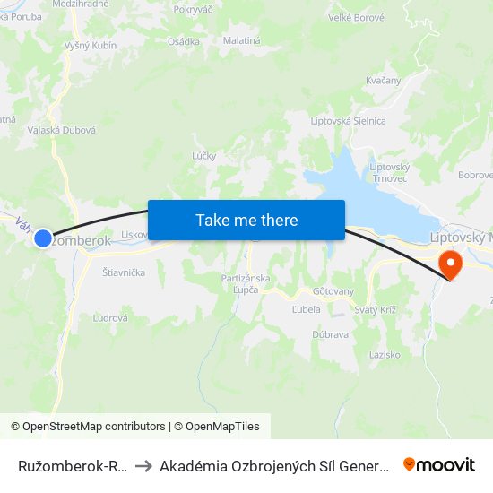 Ružomberok-Rybárpole to Akadémia Ozbrojených Síl Generála M.R. Štefánika map