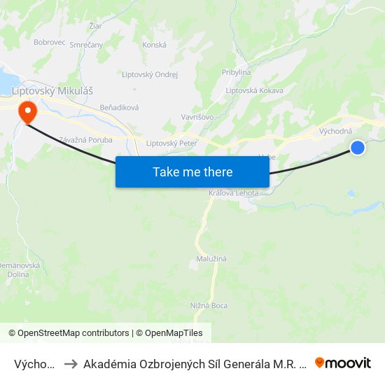 Východná to Akadémia Ozbrojených Síl Generála M.R. Štefánika map