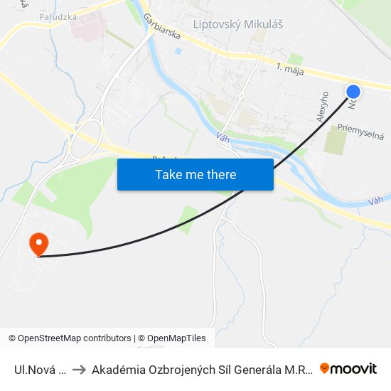 Ul.Nová Lidl to Akadémia Ozbrojených Síl Generála M.R. Štefánika map